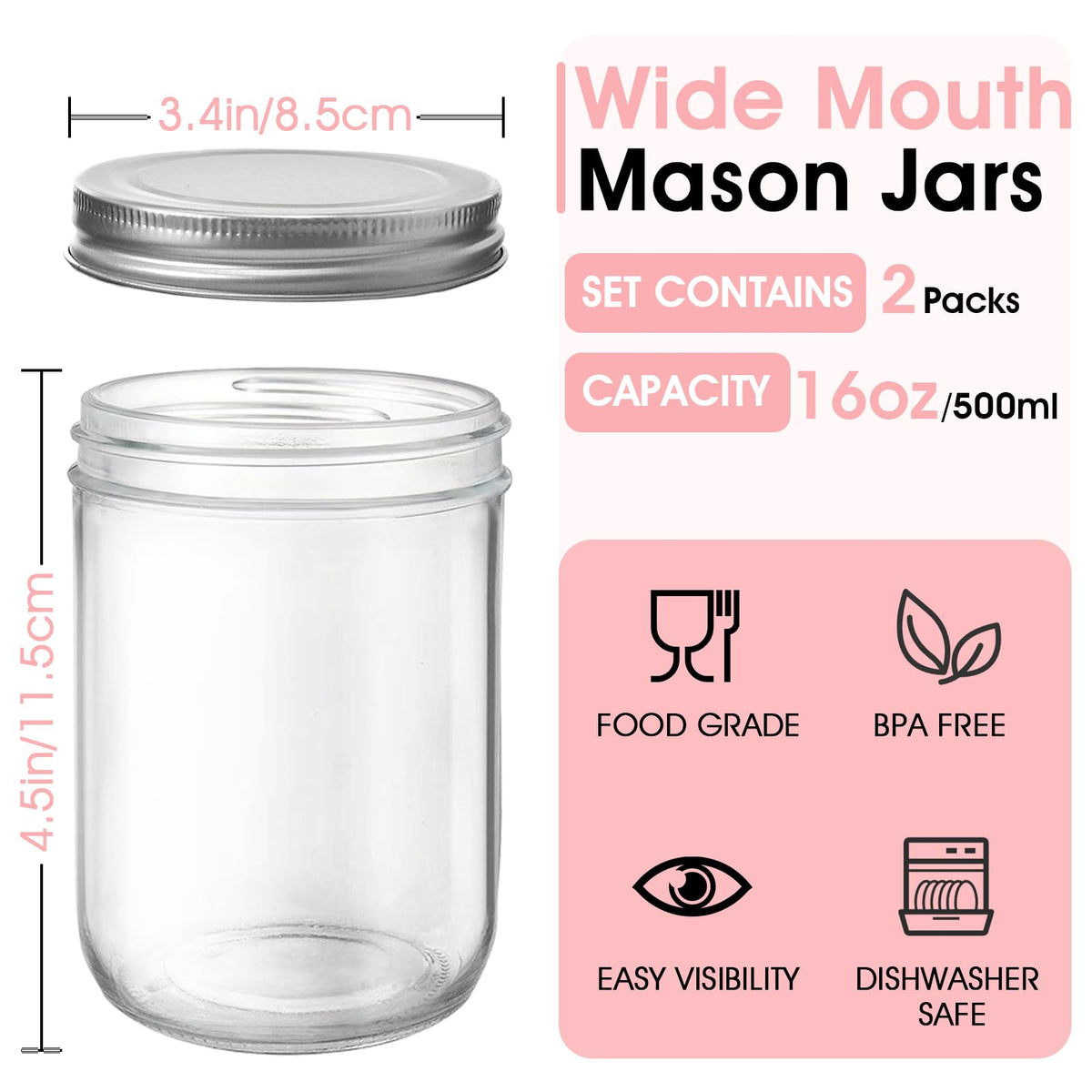 2 Pack 16oz Wide Mouth Airtight Glass Mason Jars O656