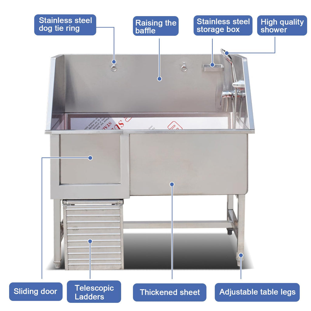 Stainless Steel Dog Grooming Station with Non-Slip Stairs & Sliding Door P9588