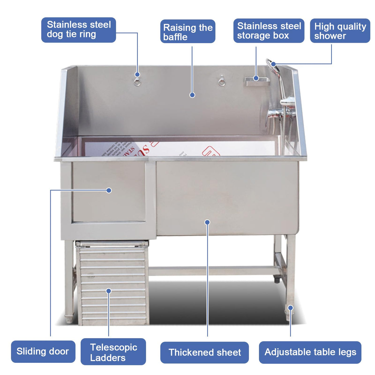 Stainless Steel Dog Grooming Station with Non-Slip Stairs & Sliding Door P9588