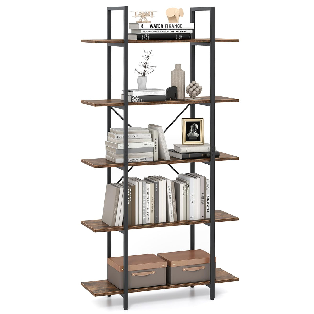5-Tier Rustic Brown Bookshelf with Metal Frame P9212