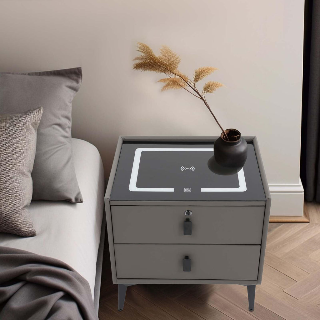 Dark Grey Smart Nightstand with Wireless Charging and LED Lights F84836