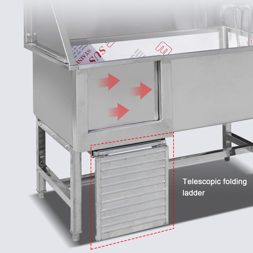 Stainless Steel Dog Grooming Station with Non-Slip Stairs & Sliding Door P9588