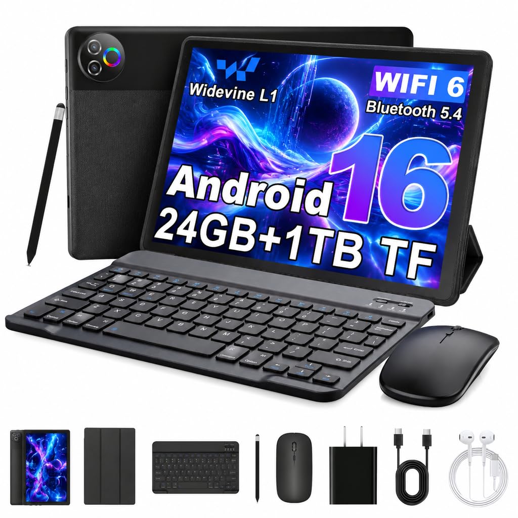 Android 16 Tablet with Keyboard Mouse Stylus Case, 24GB RAM 1TB TF Expand, 10 inch HD IPS Screen Z8863