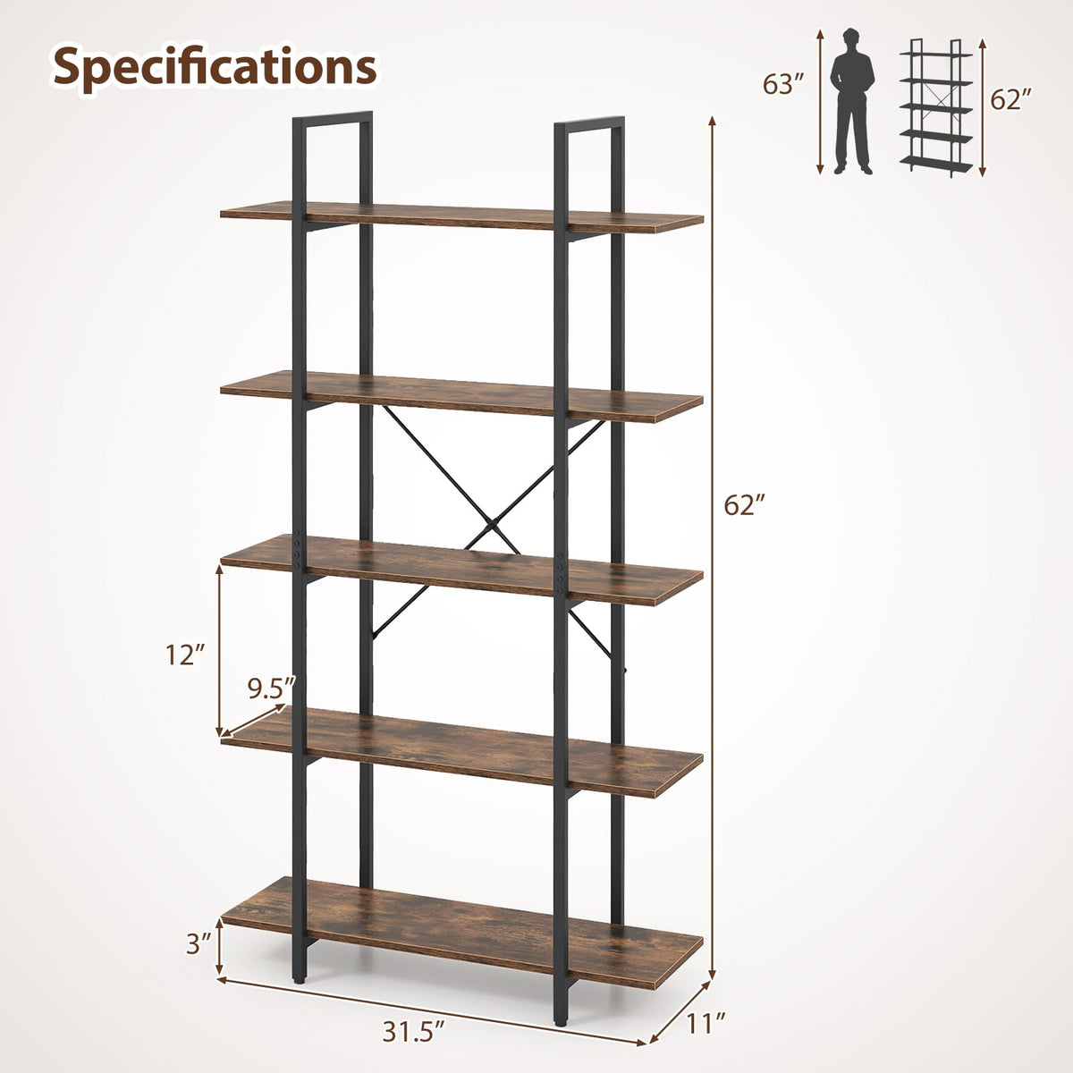 5-Tier Rustic Brown Bookshelf with Metal Frame P9212