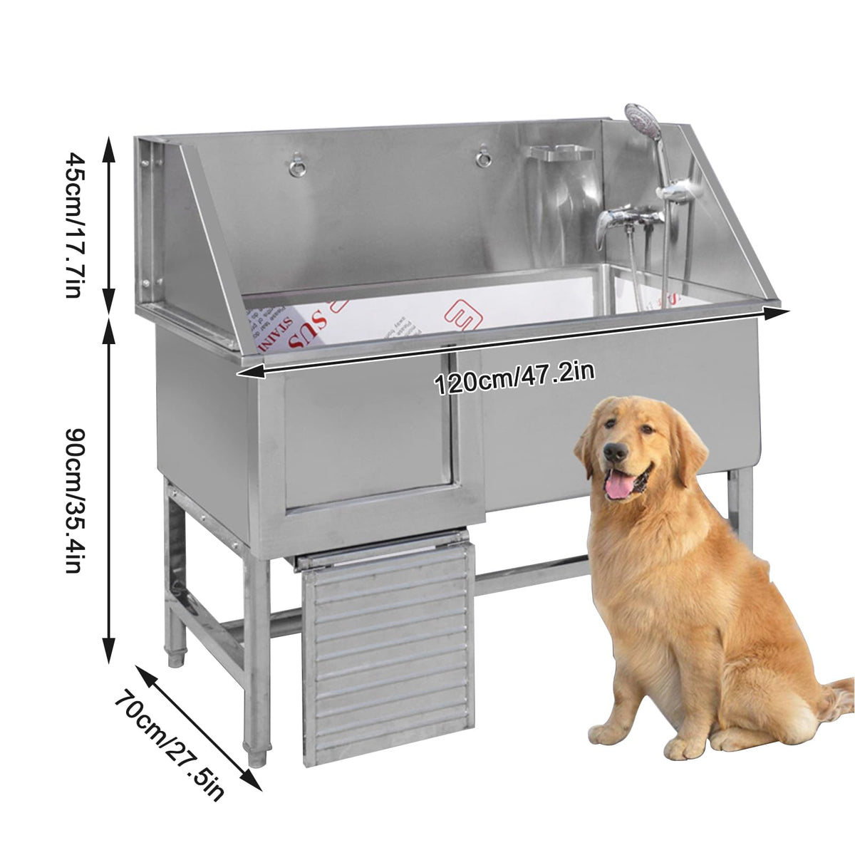 Stainless Steel Dog Grooming Station with Non-Slip Stairs & Sliding Door P9588
