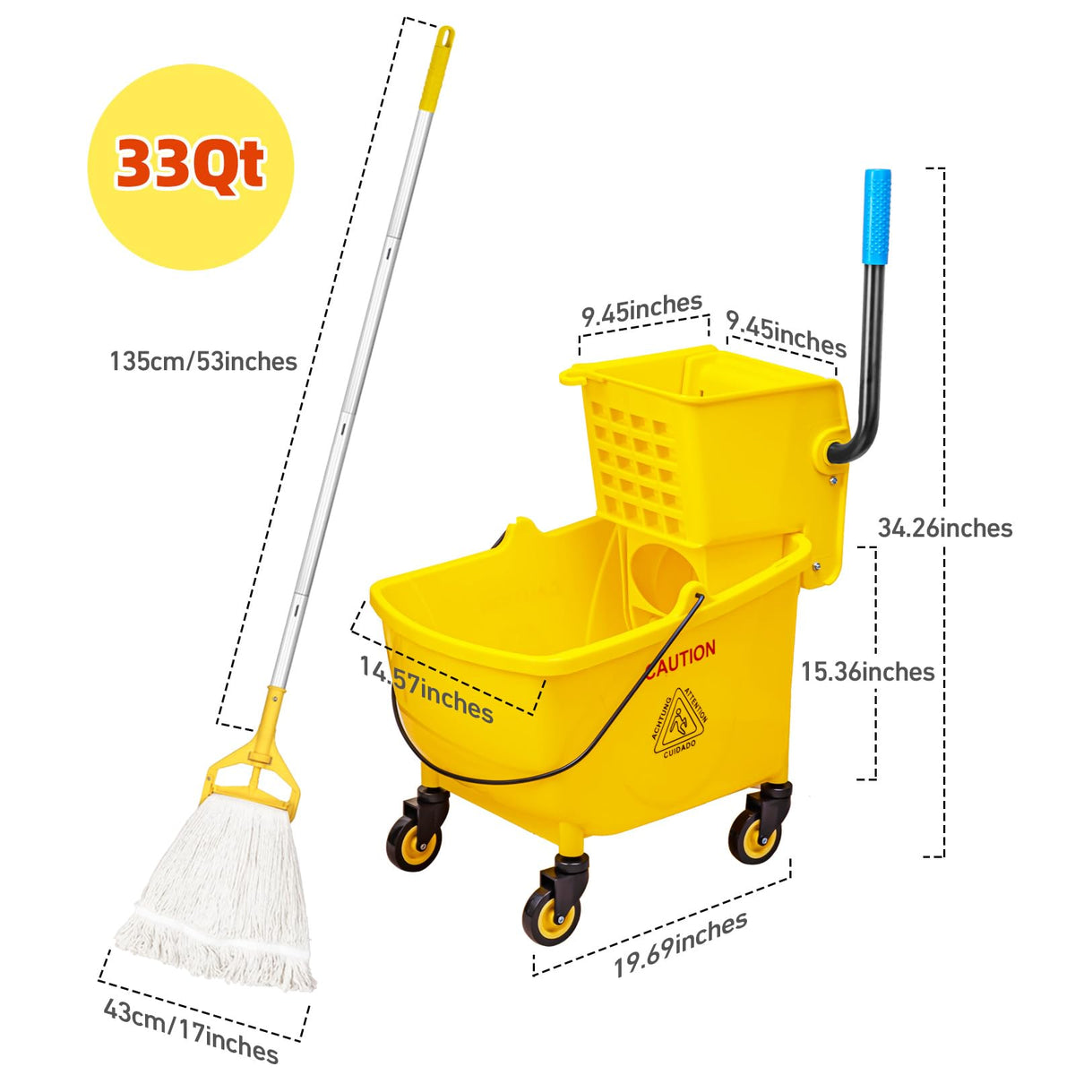 33 Qt Mop Bucket with Side-Press Wringer and Cotton Mop J8747