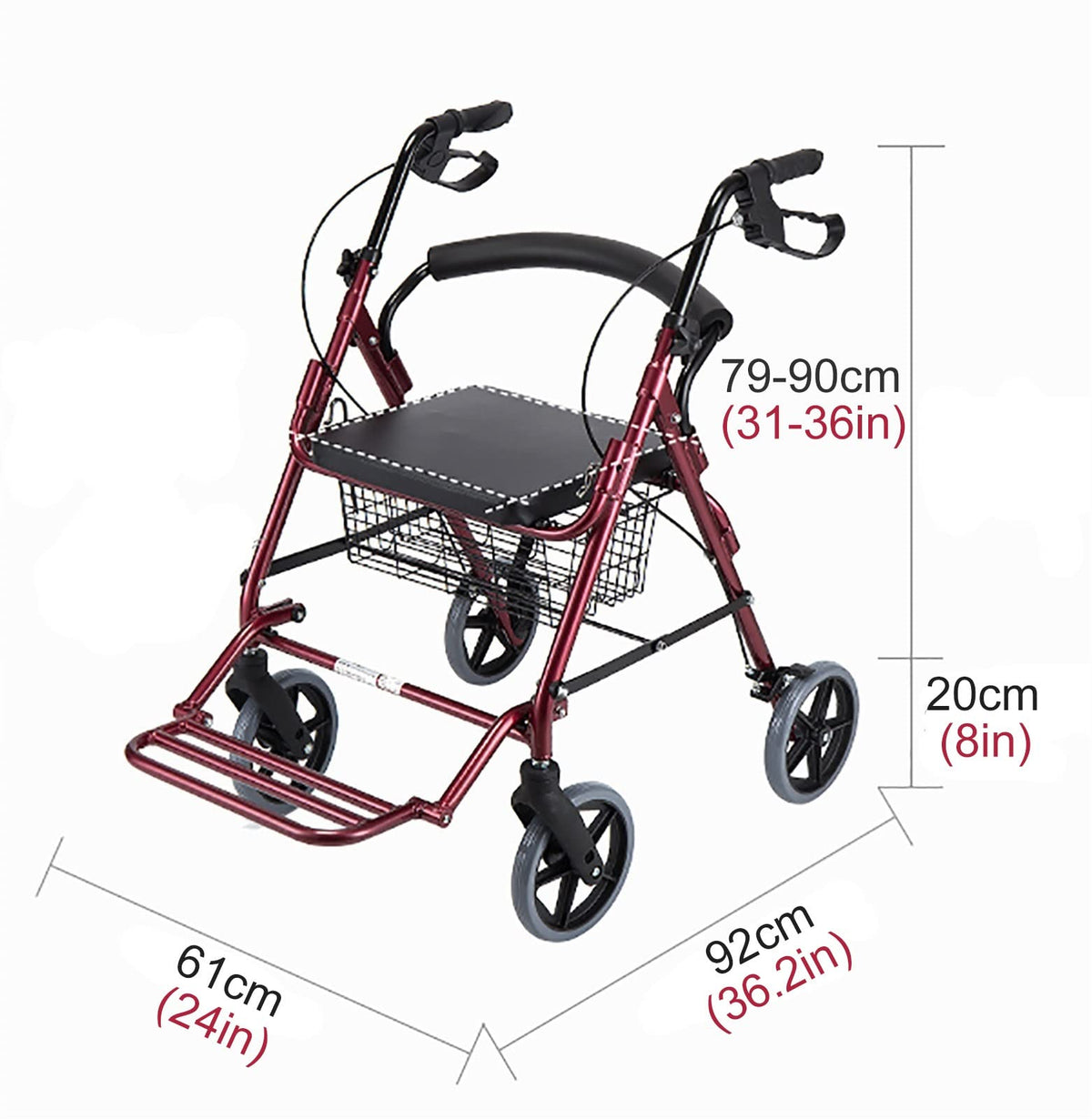 Red Folding Rollator with Seat and Basket V6755