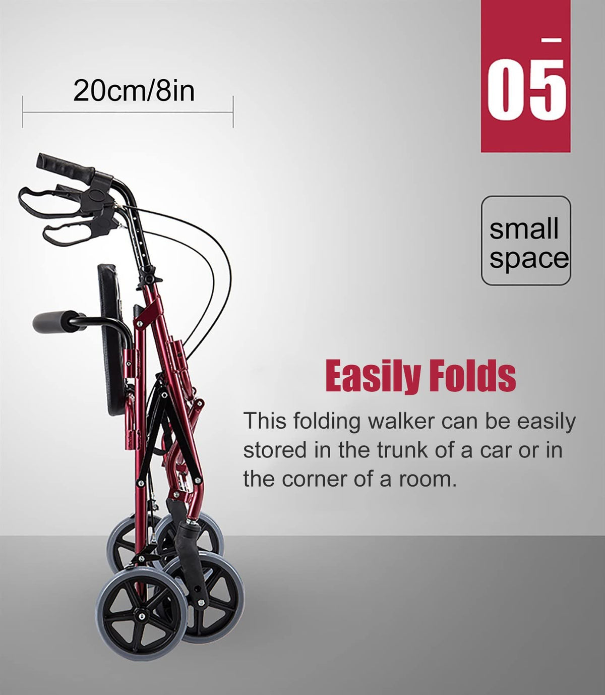 Red Folding Rollator with Seat and Basket V6755