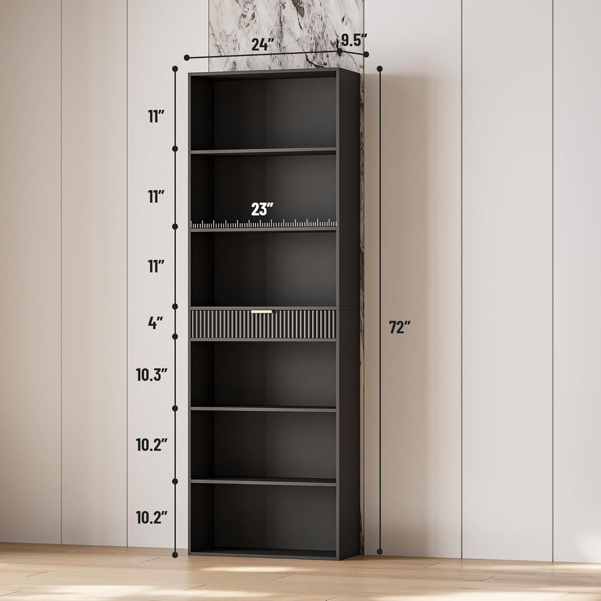 7-Tier Black Bookshelf with Drawer A676544