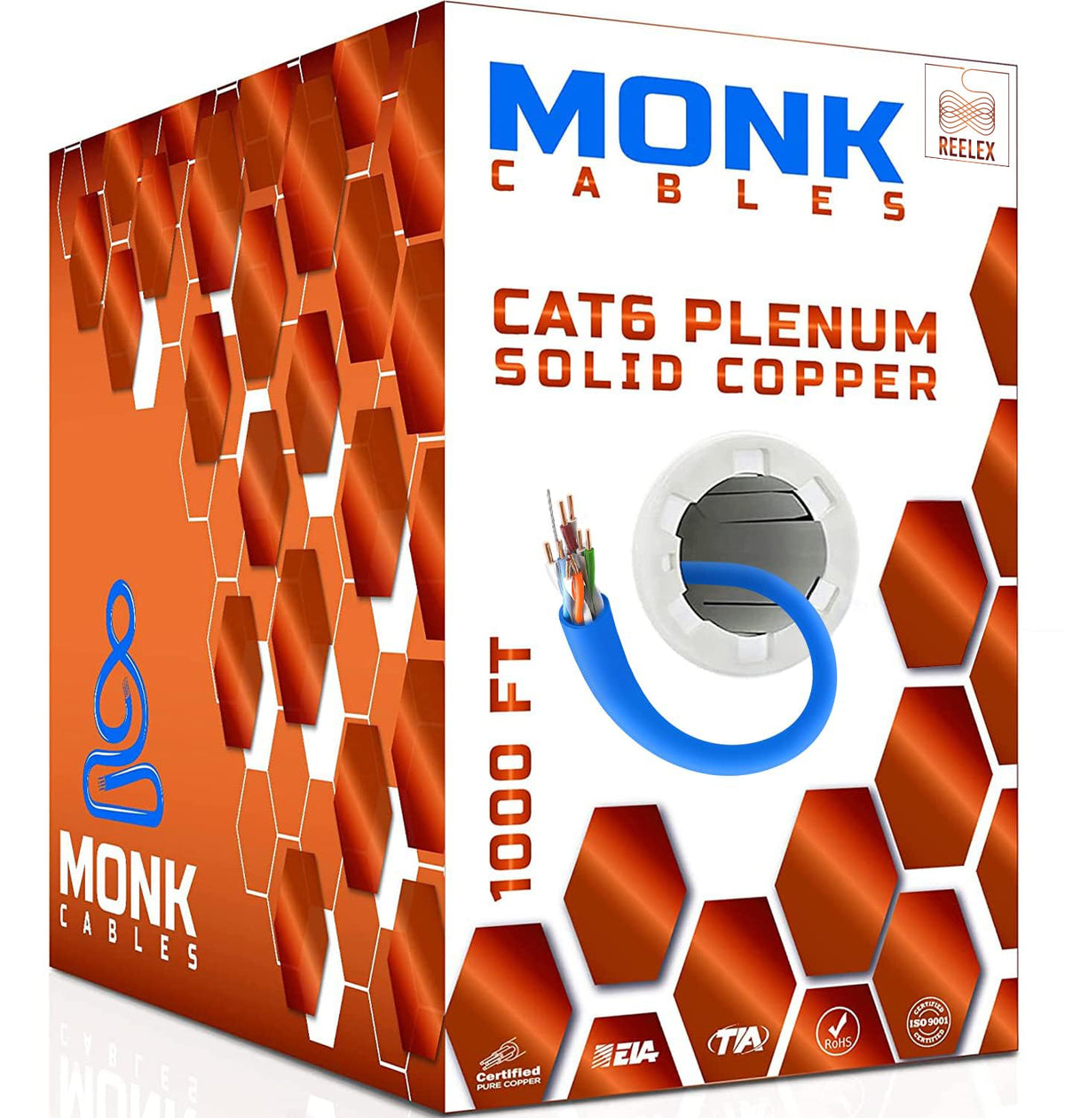CAT 6 Ethernet Cable 1000ft Pure Bare Solid Copper 23AWG UTP CMP Plenum Blue O5419
