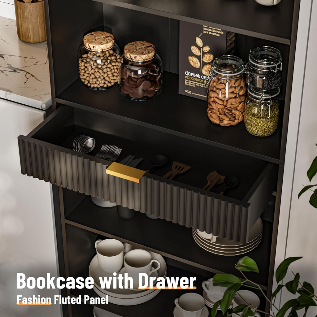 7-Tier Black Bookshelf with Drawer A676544