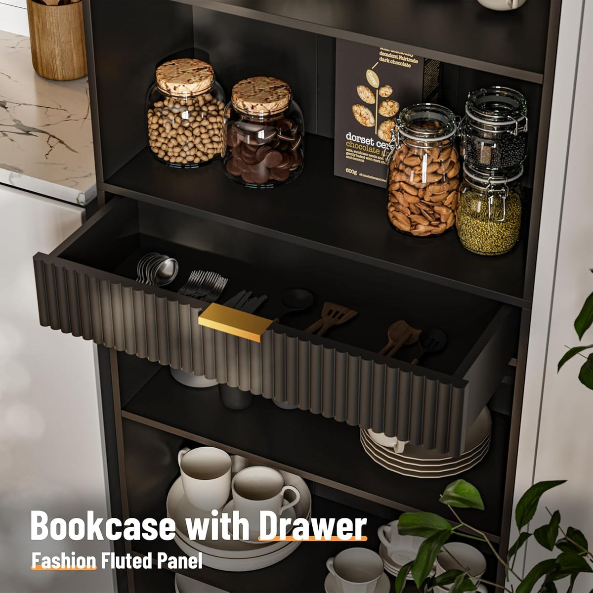 7-Tier Black Bookshelf with Drawer A676544