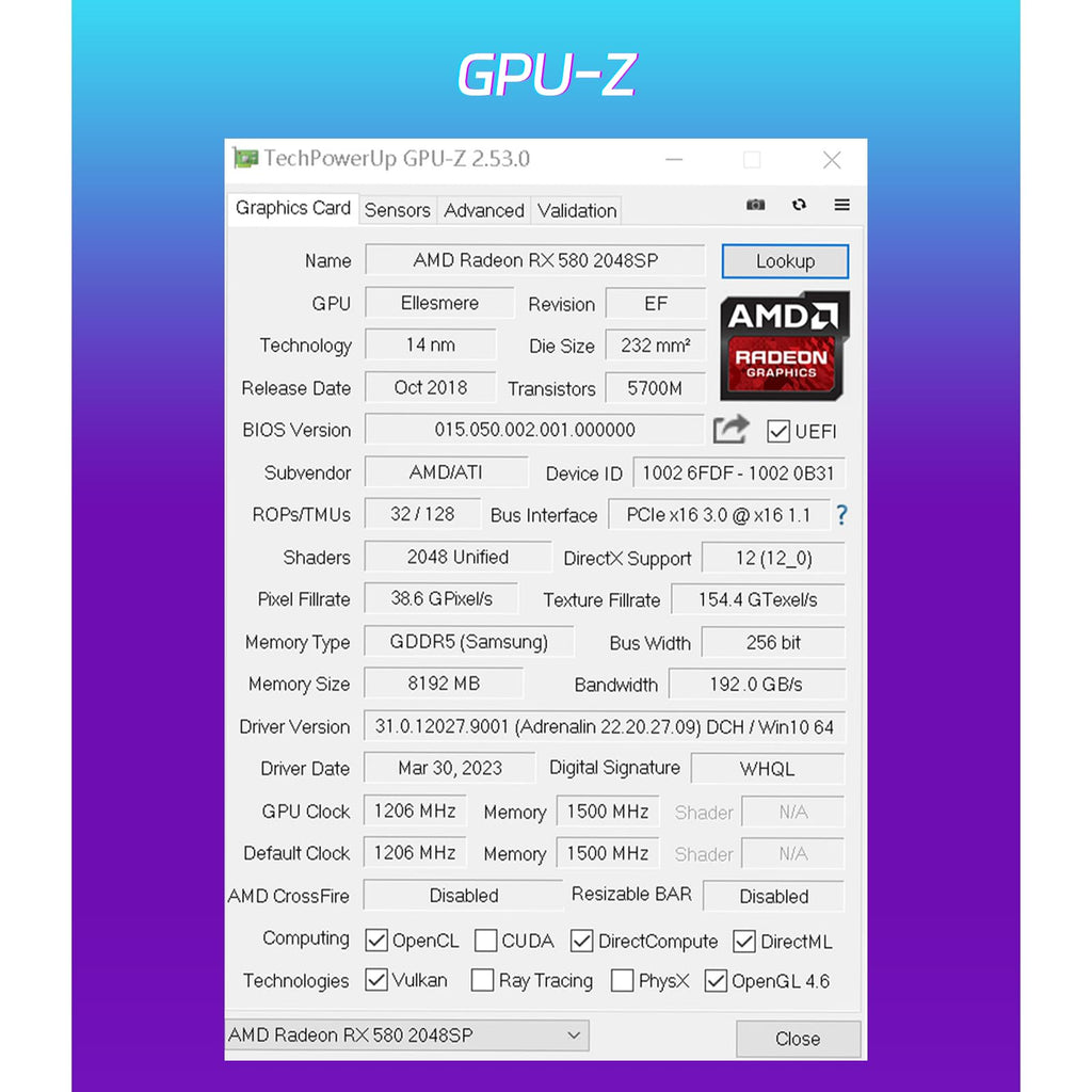 Radeon RX 580 8GB GDDR5 Gaming Graphics Card H43688