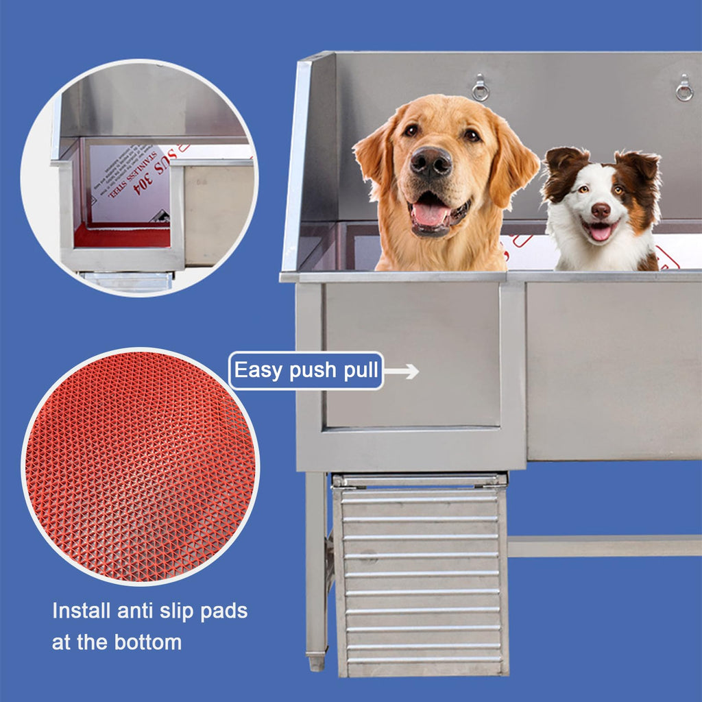 Stainless Steel Dog Grooming Station with Non-Slip Stairs & Sliding Door P9588