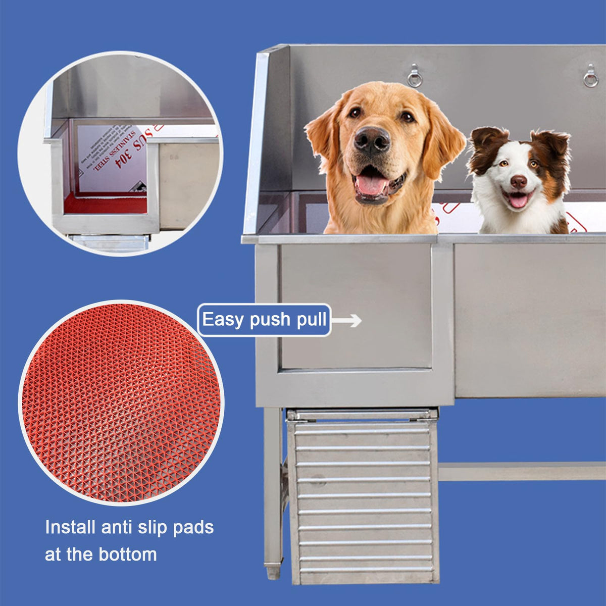Stainless Steel Dog Grooming Station with Non-Slip Stairs & Sliding Door P9588