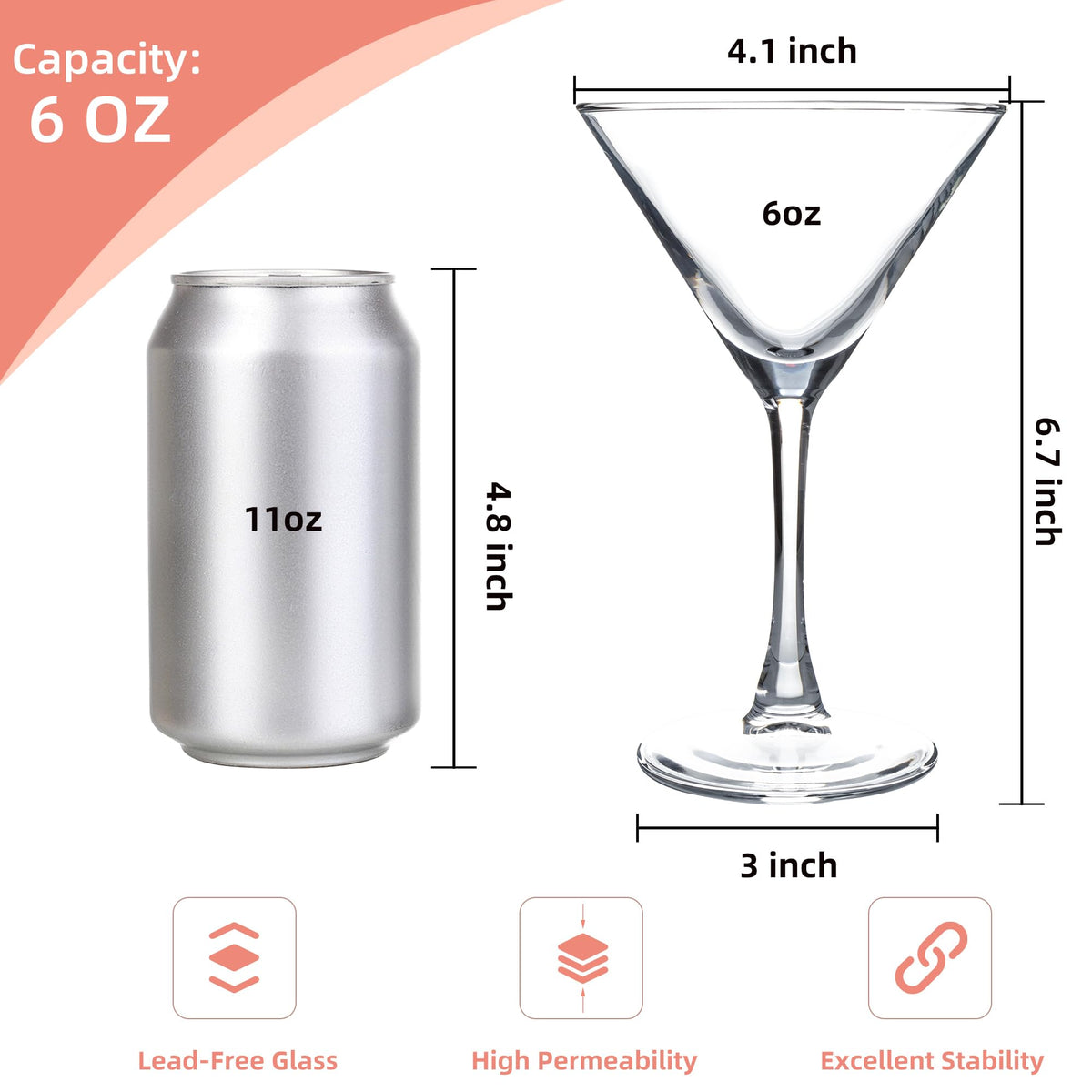 Martini Glasses Set of 7, 6 oz Reusable Cocktail Glasses with Stem H56236