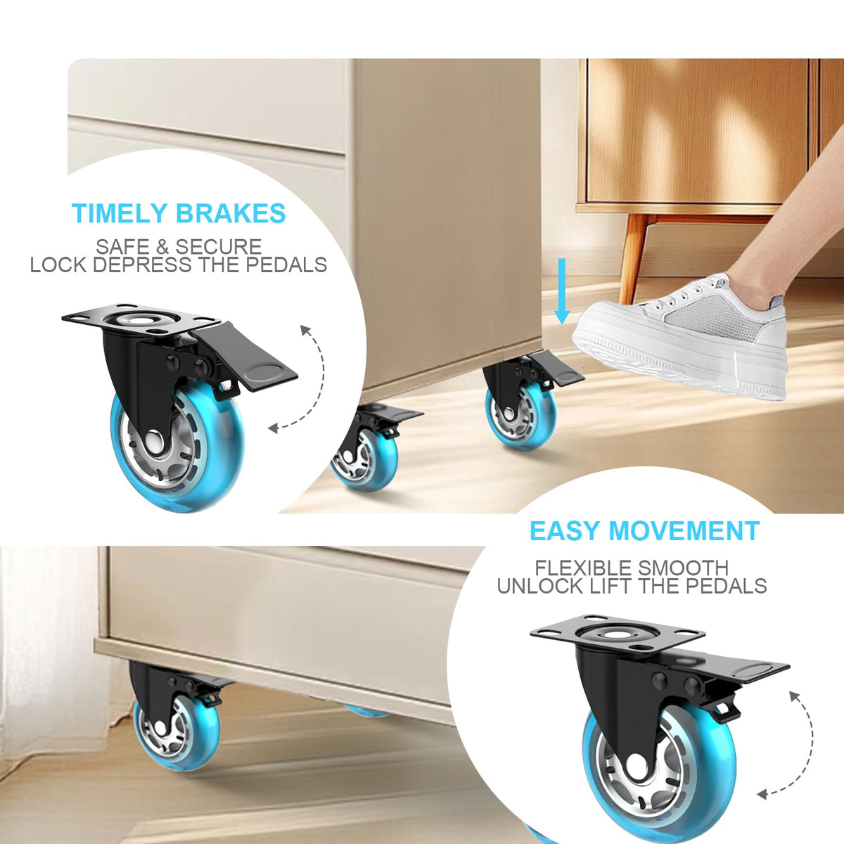 3 Inch Plate Casters Set of 4 Double Brake Heavy Duty A22118