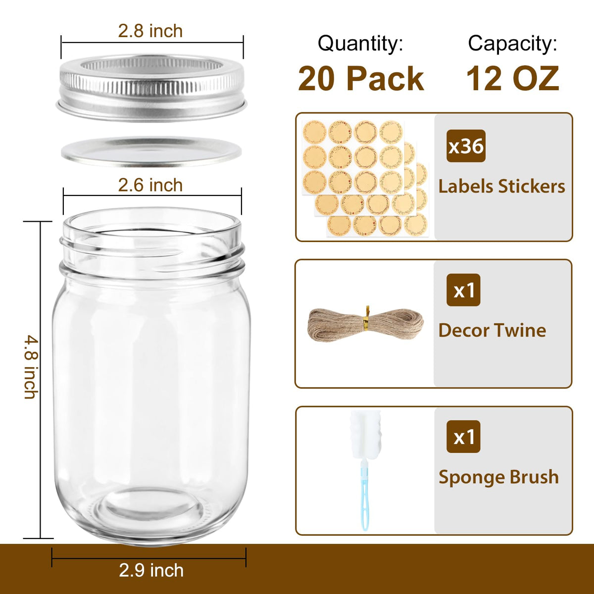 20 Pack 12 oz Mason Jars with Lids and Bands Y358