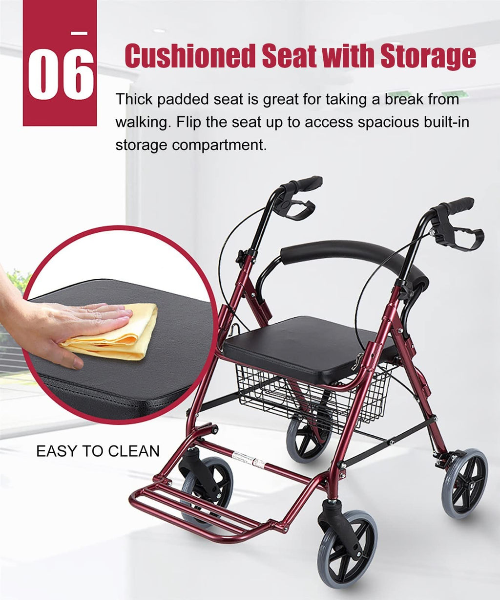 Red Folding Rollator with Seat and Basket V6755