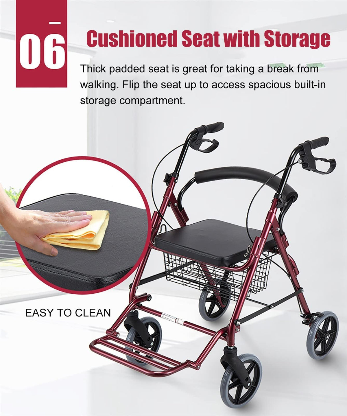 Red Folding Rollator with Seat and Basket V6755