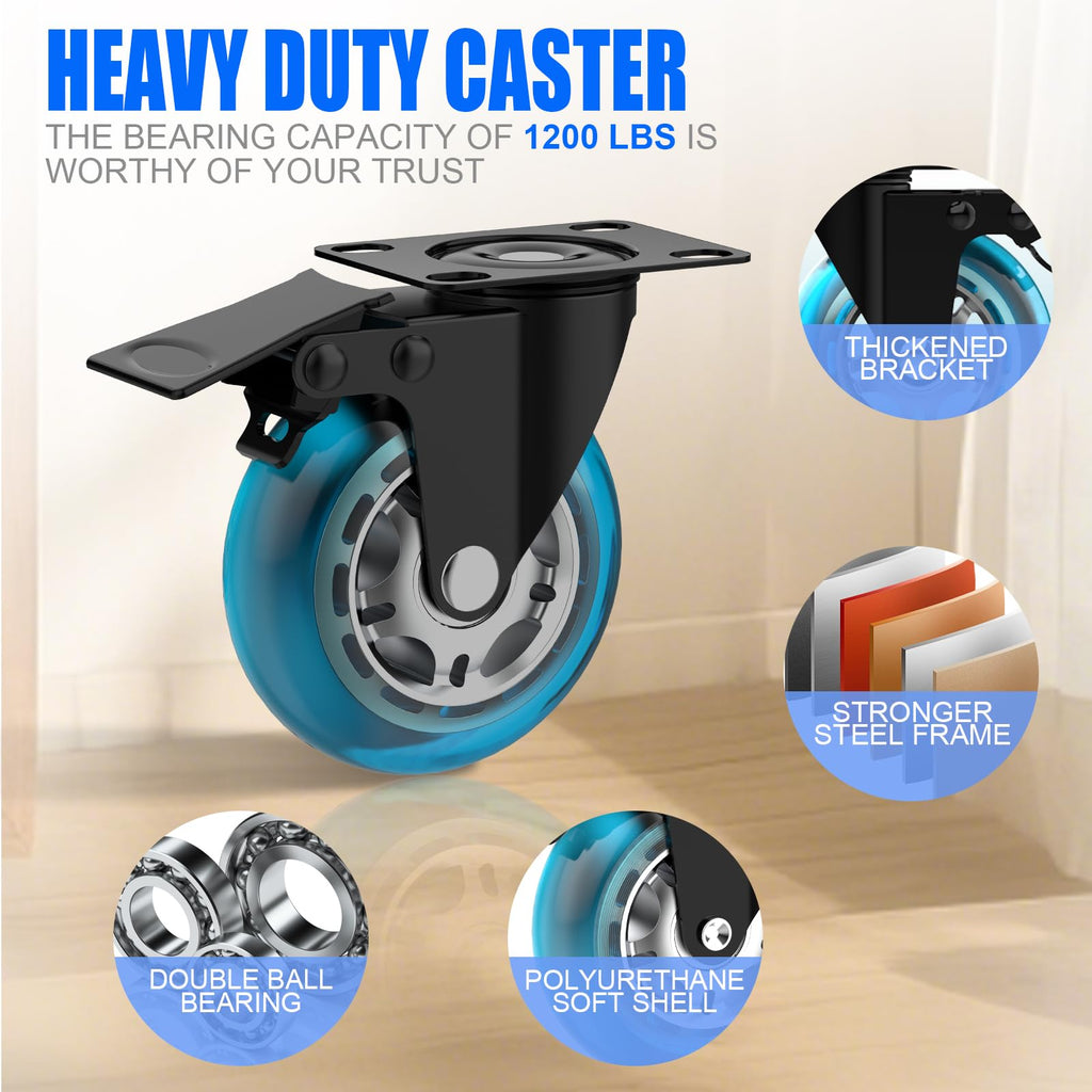 3 Inch Plate Casters Set of 4 Double Brake Heavy Duty A22118