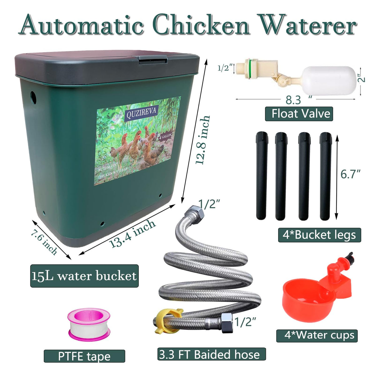 4 Gallon Automatic Float Controlled Poultry Waterer with Hose and Cups D290721