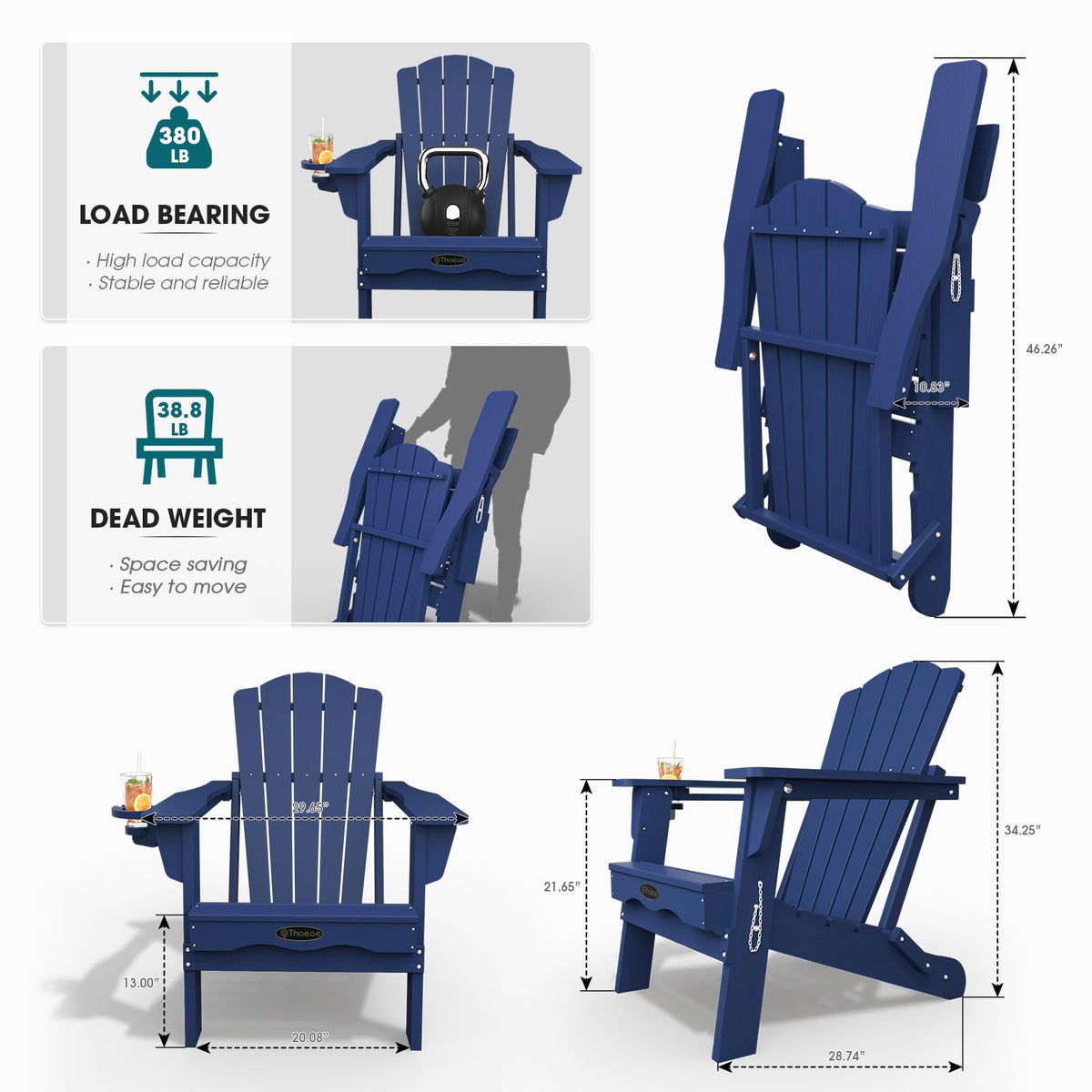 Folding Adirondack Chair Set of 2 HDPE All-Weather Outdoor Chair X550593