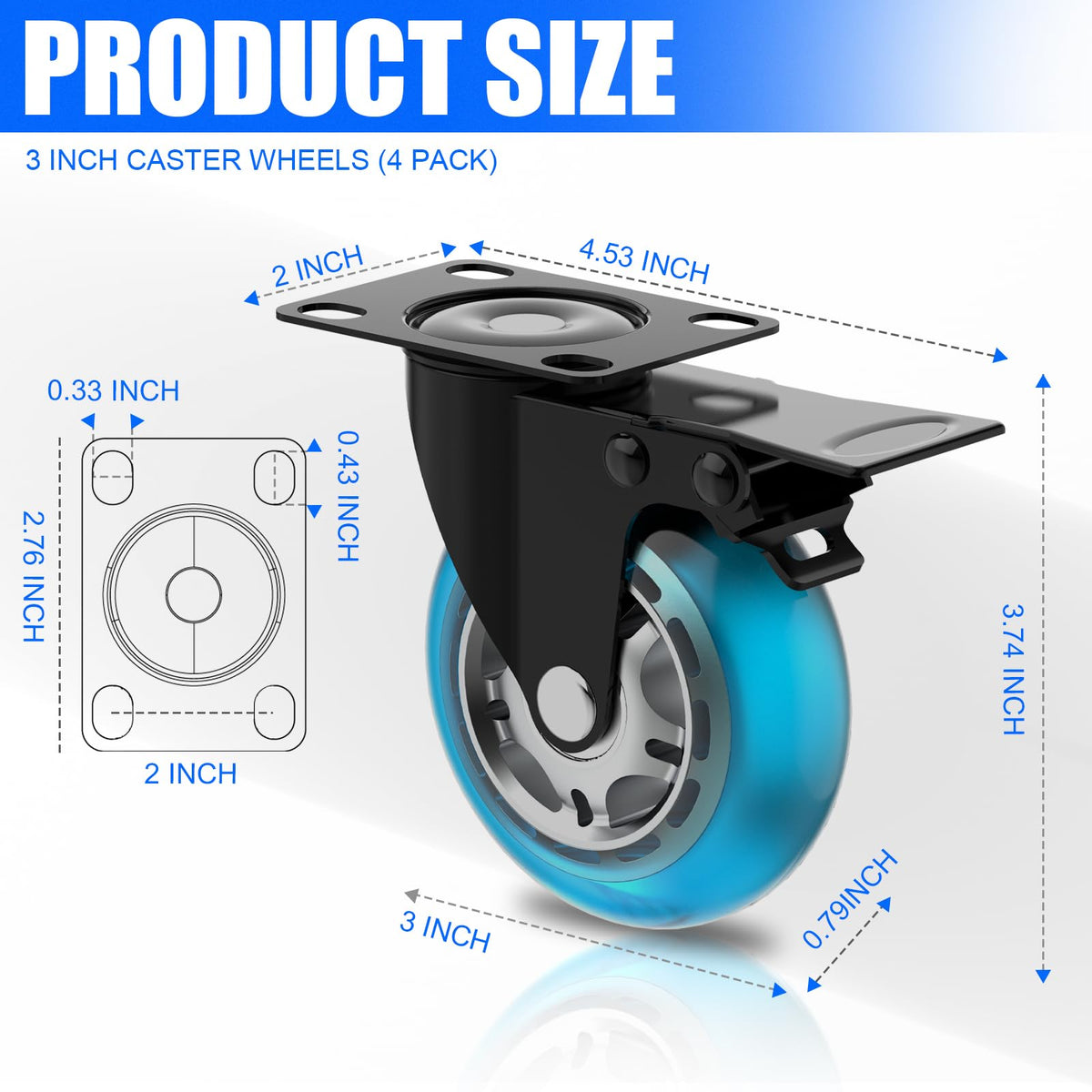 3 Inch Plate Casters Set of 4 Double Brake Heavy Duty A22118