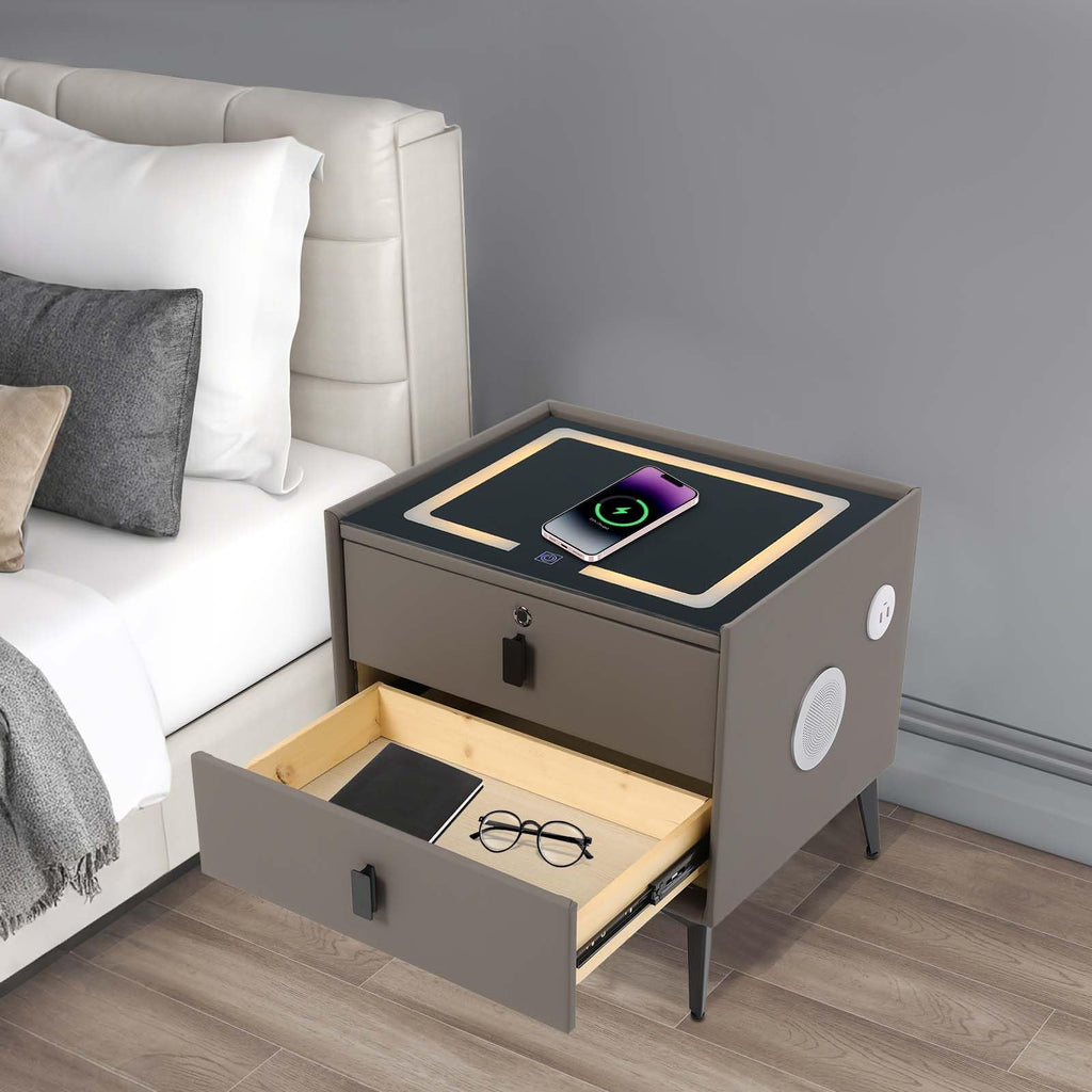 Dark Grey Smart Nightstand with Wireless Charging and LED Lights F84836