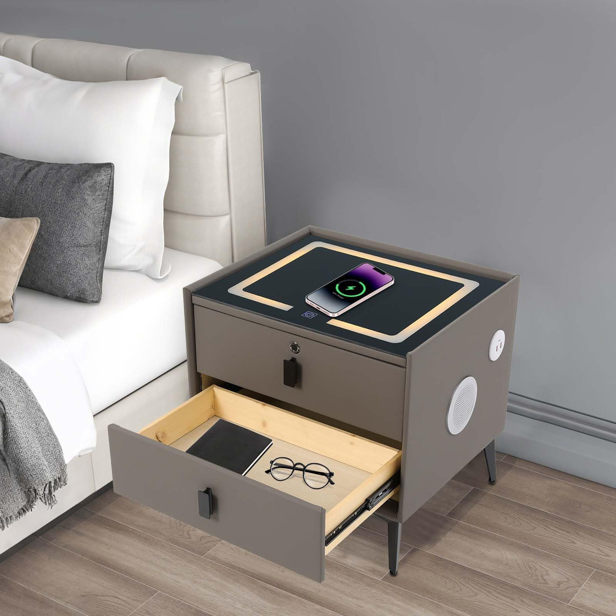 Dark Grey Smart Nightstand with Wireless Charging and LED Lights F84836