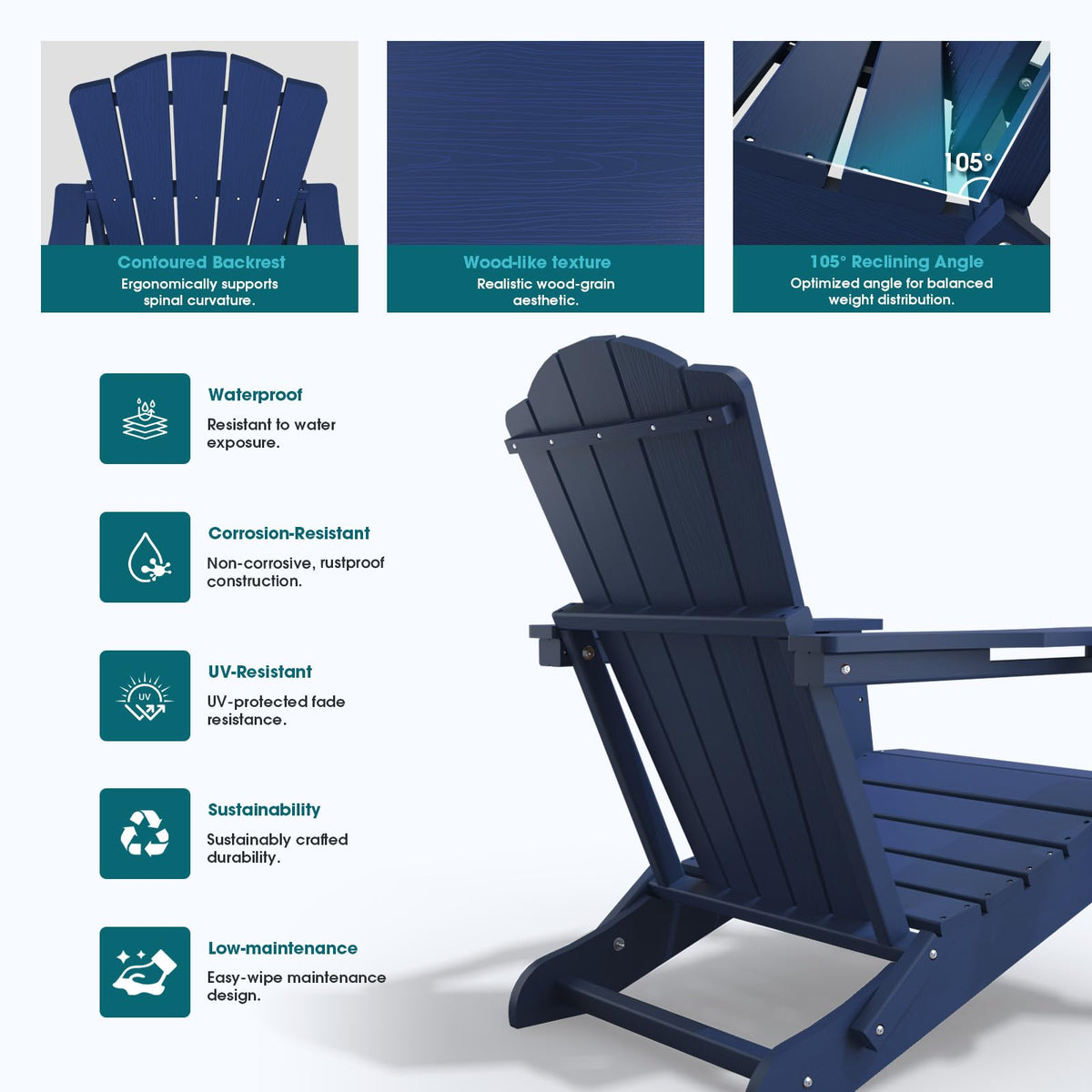 Folding Adirondack Chair Set of 2 HDPE All-Weather Outdoor Chair X550593