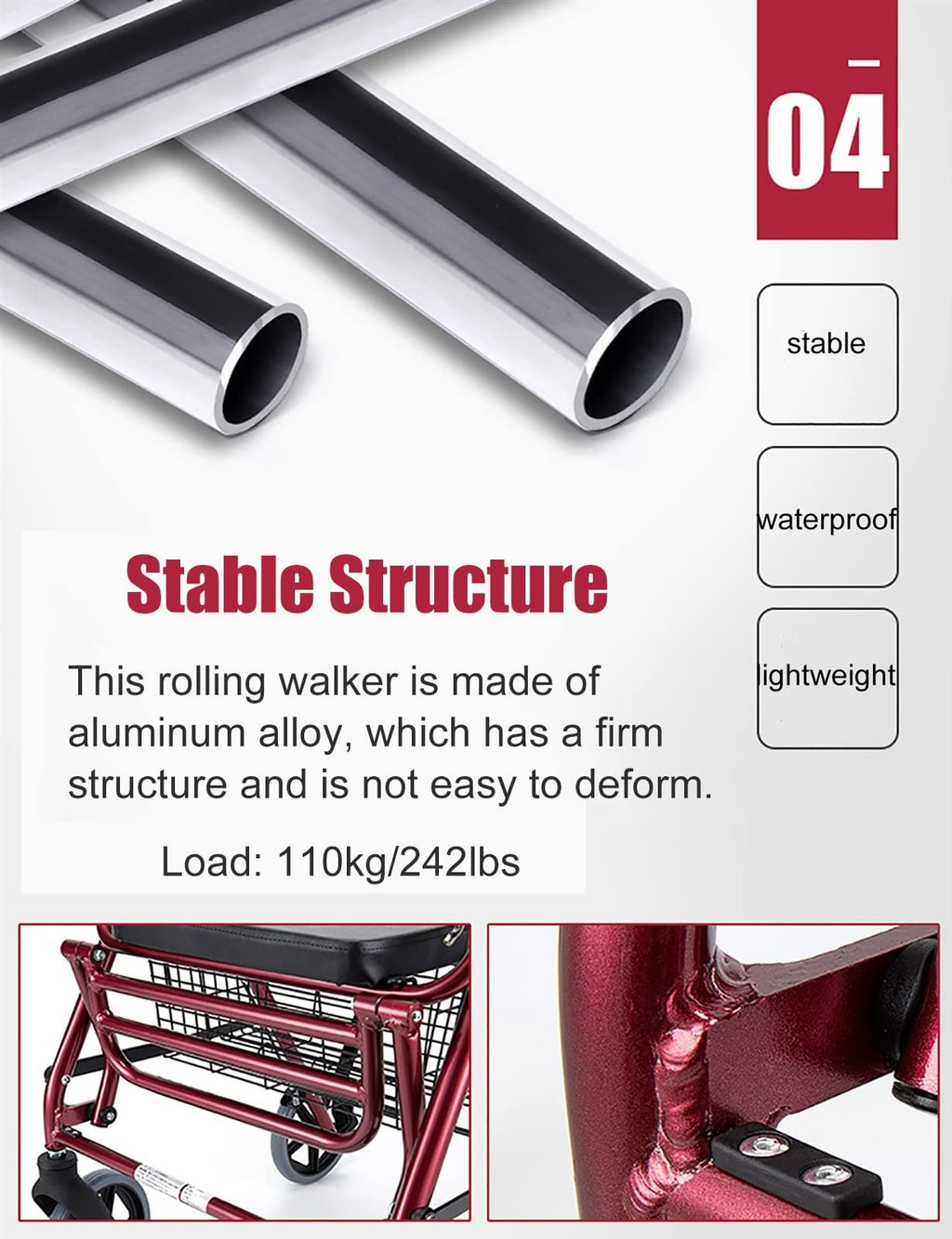 Red Folding Rollator with Seat and Basket V6755