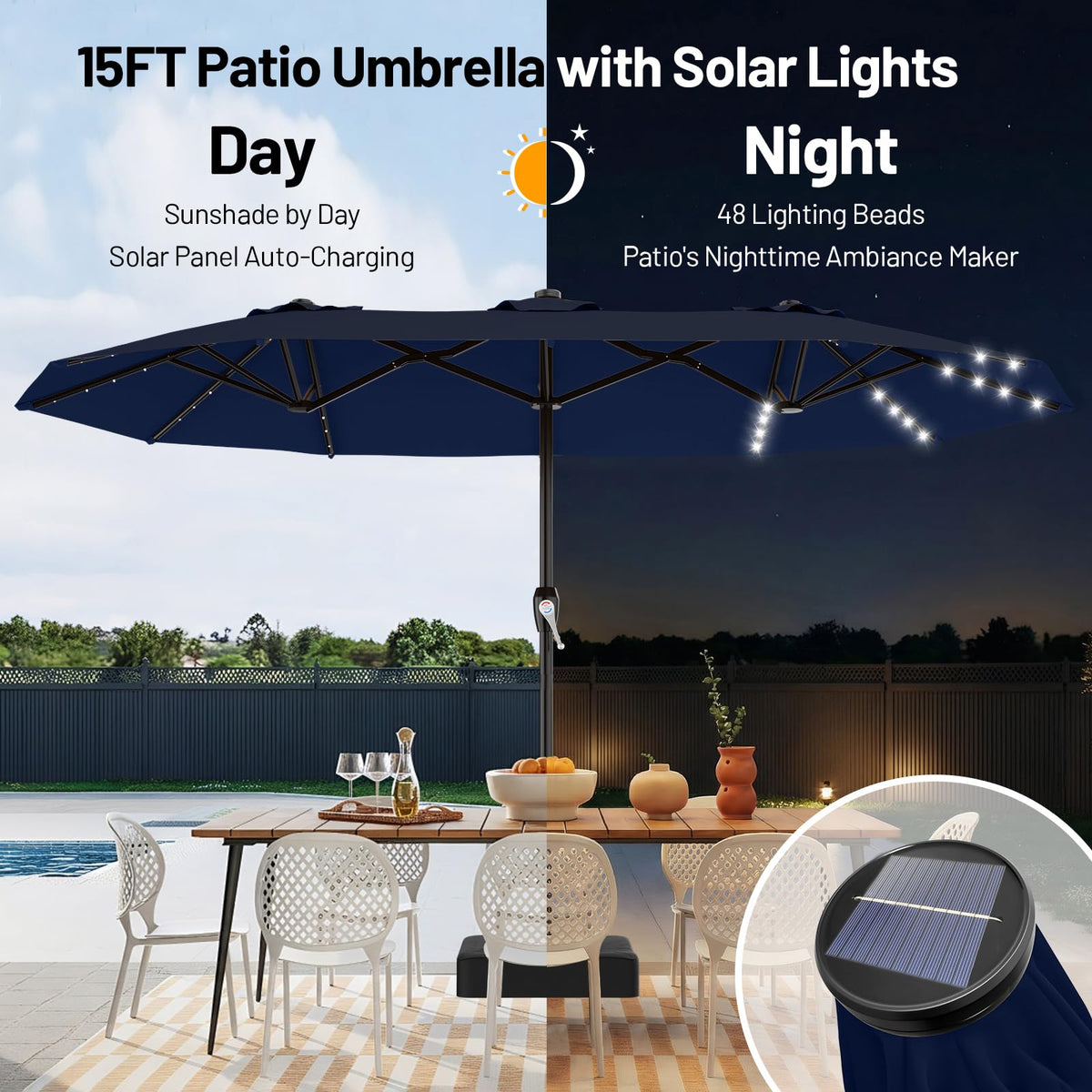 15FT Double Sided Solar Lights Patio Umbrella B925