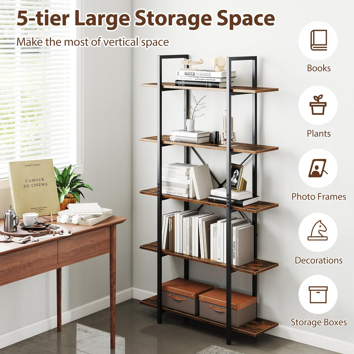 5-Tier Rustic Brown Bookshelf with Metal Frame P9212