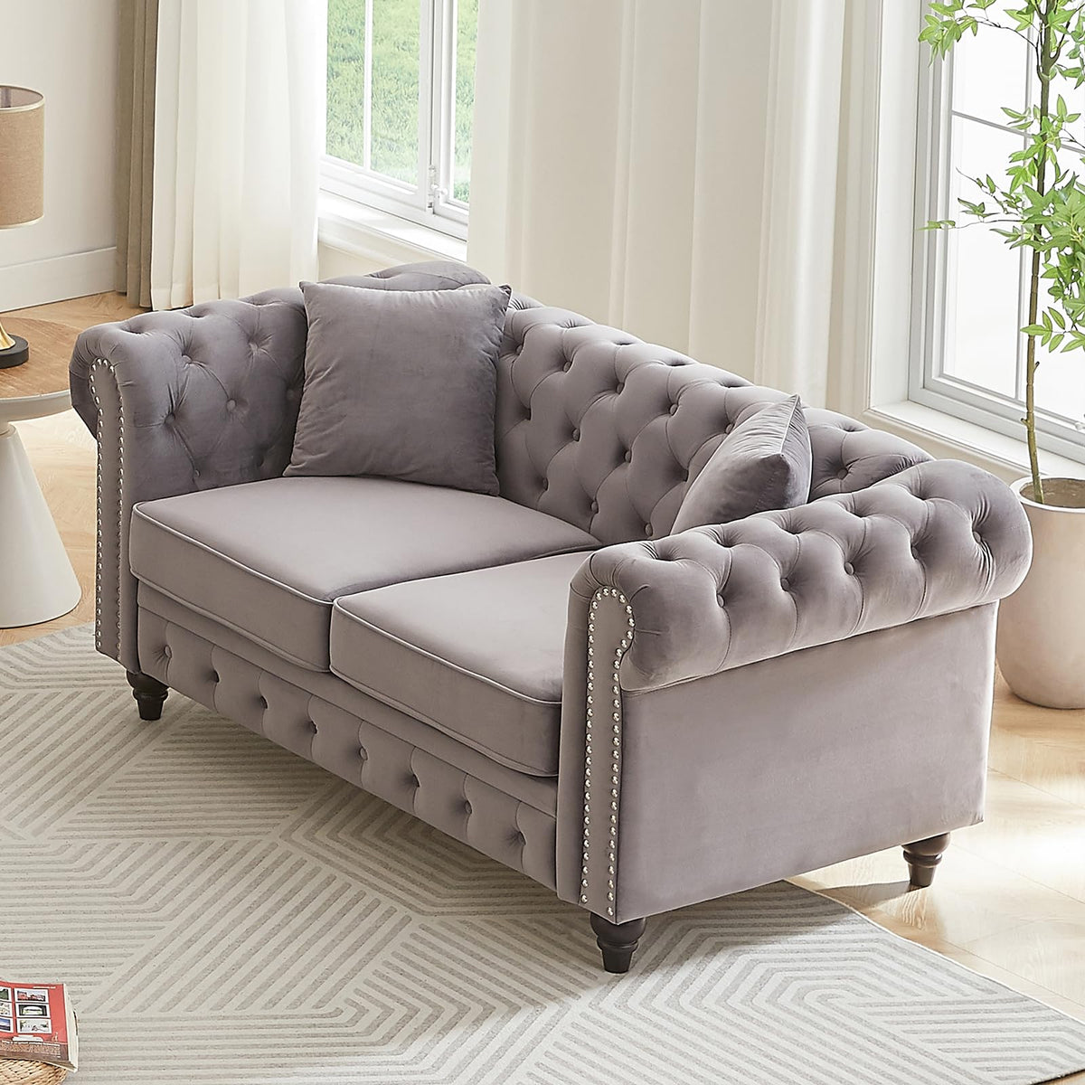 Light Grey Velvet Button Tufted Loveseat Sofa M5354
