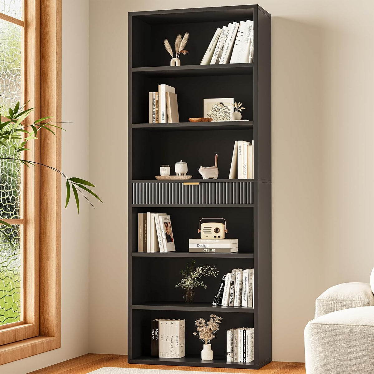 7-Tier Black Bookshelf with Drawer A676544