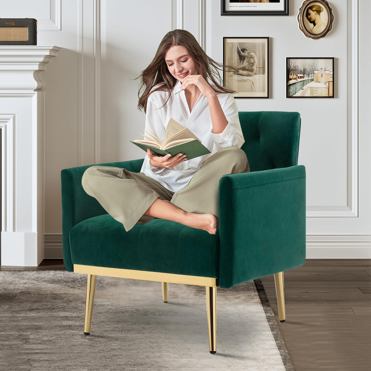 Green Velvet Button Tufted Armchair Set of 2 O45414