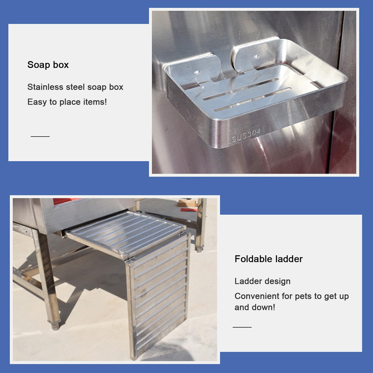 Stainless Steel Dog Grooming Station with Non-Slip Stairs & Sliding Door P9588