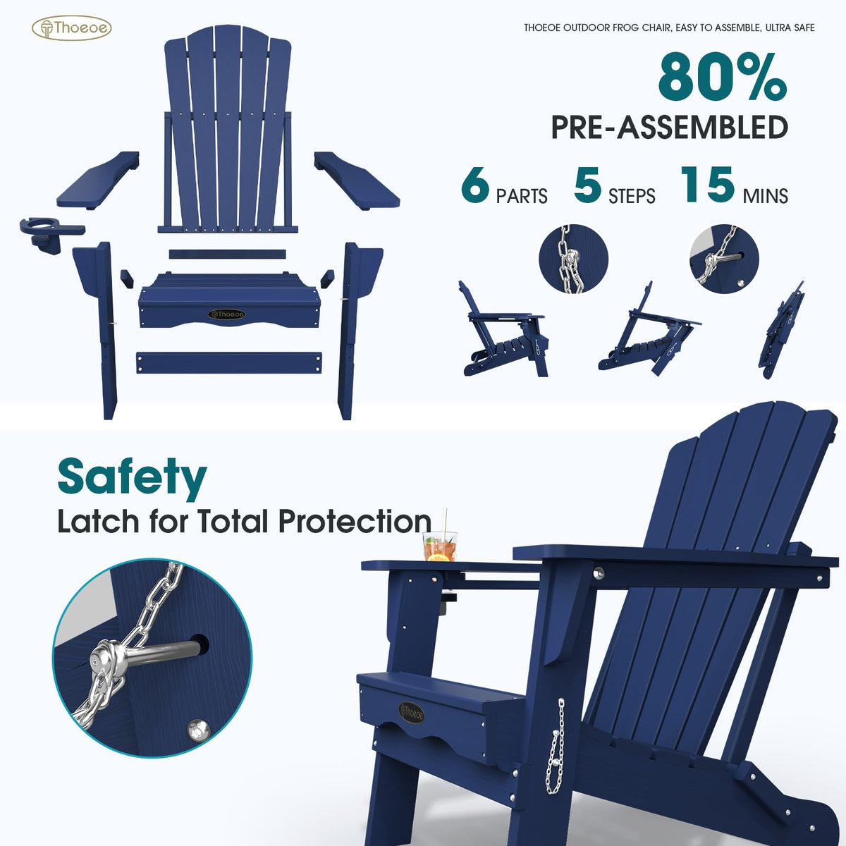 Folding Adirondack Chair Set of 2 HDPE All-Weather Outdoor Chair X550593