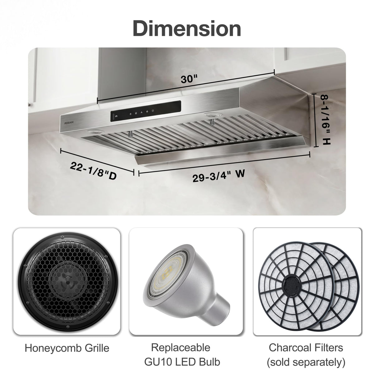 30 Inch 1000 CFM Under Cabinet Ducted Stainless Steel Range Hood B74730
