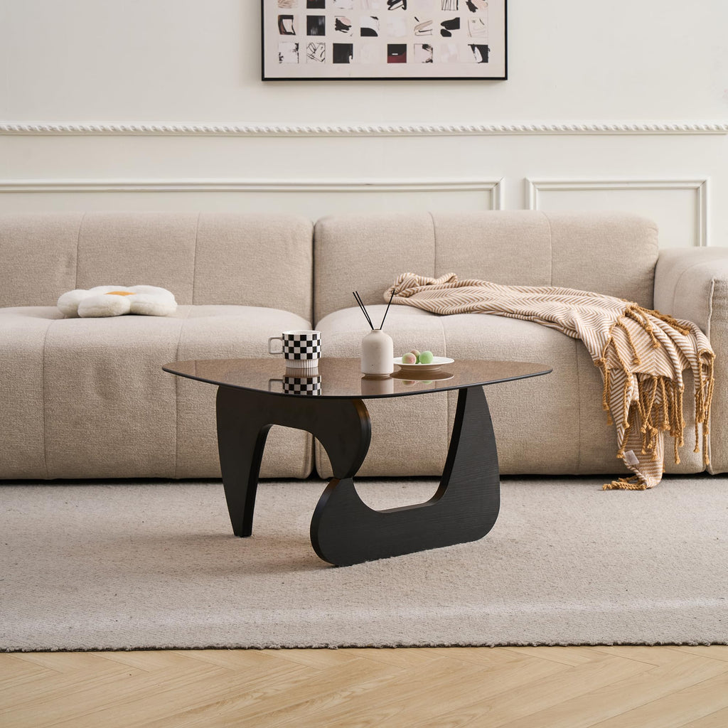 Brown Glass Coffee Table with Wood Base W4809