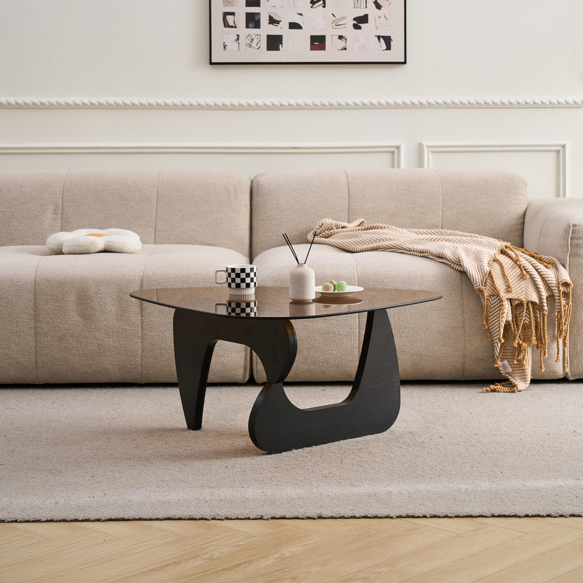 Brown Glass Coffee Table with Wood Base W4809