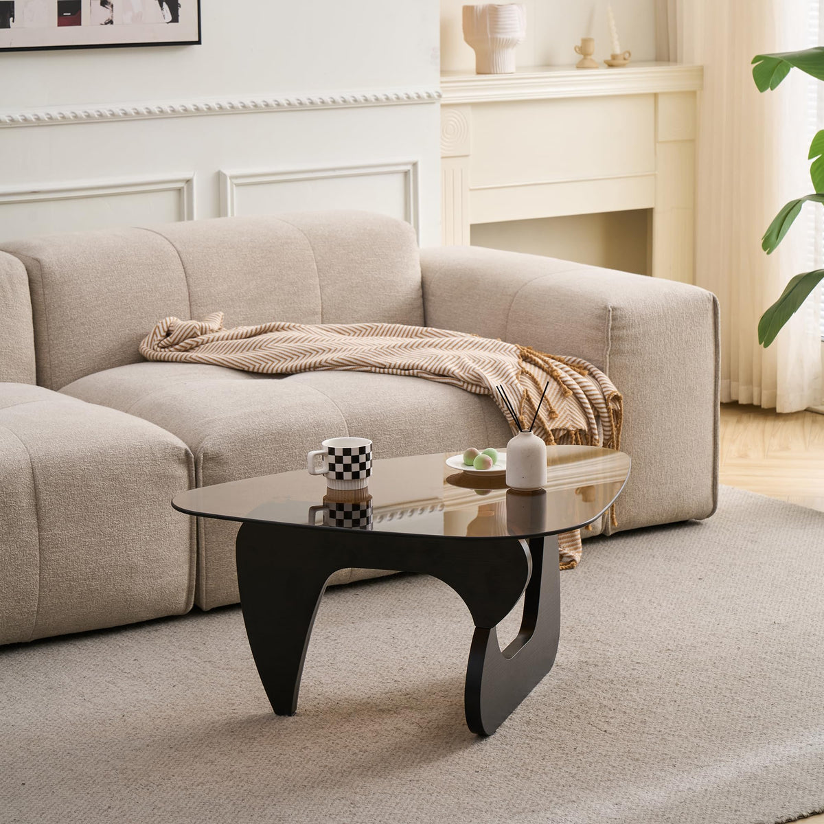 Brown Glass Coffee Table with Wood Base W4809