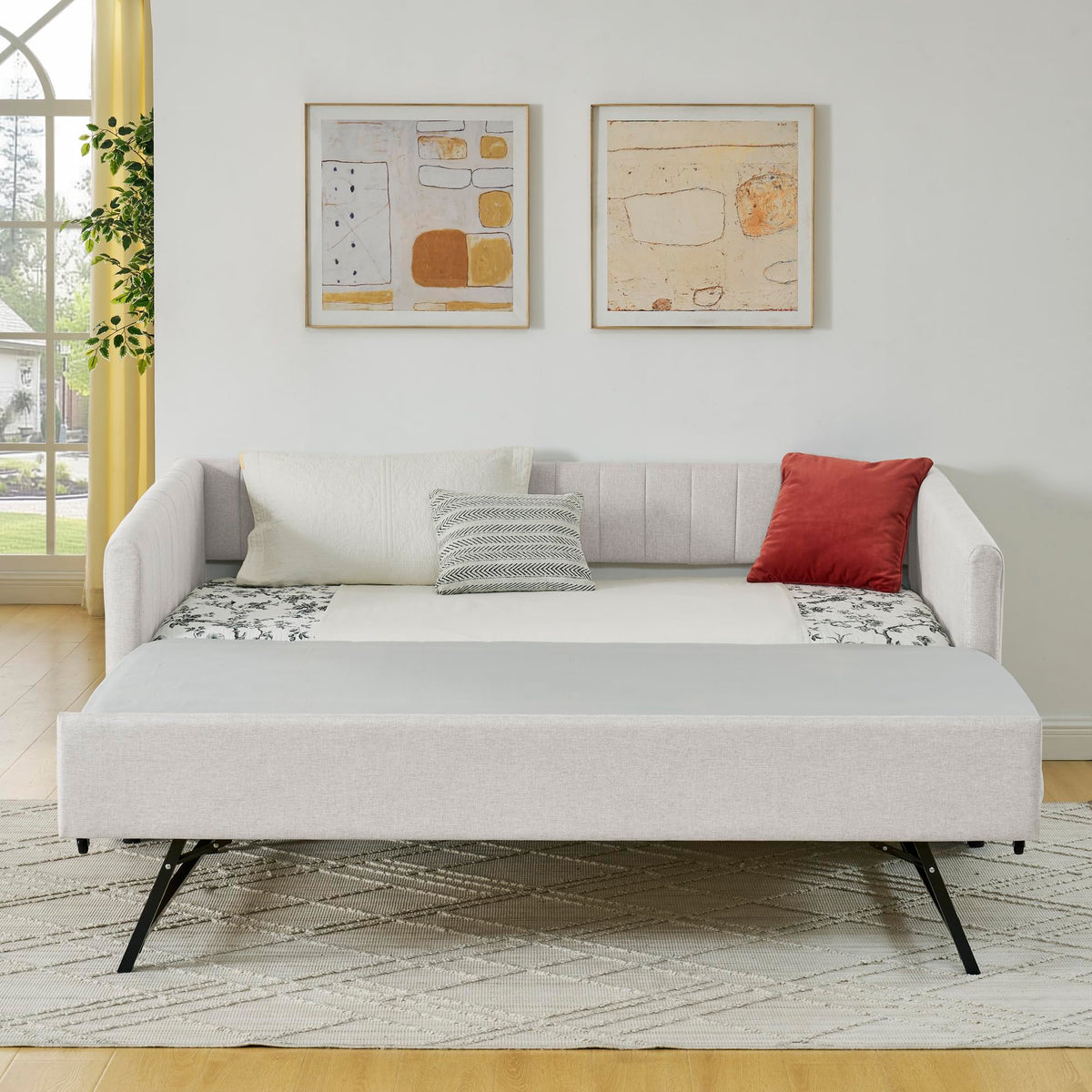 Twin Size Upholstery Daybed with Trundle and Vertical Stripes F329751