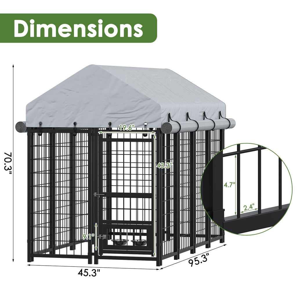 8x4x6 FT Metal Dog Kennel with 2 Dog Bowls D96402