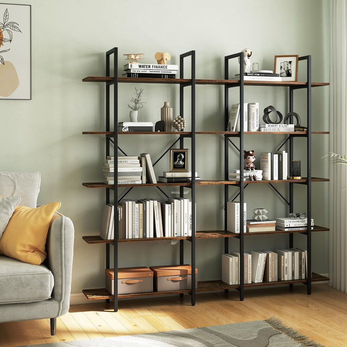 5-Tier Rustic Brown Bookshelf with Metal Frame P9212