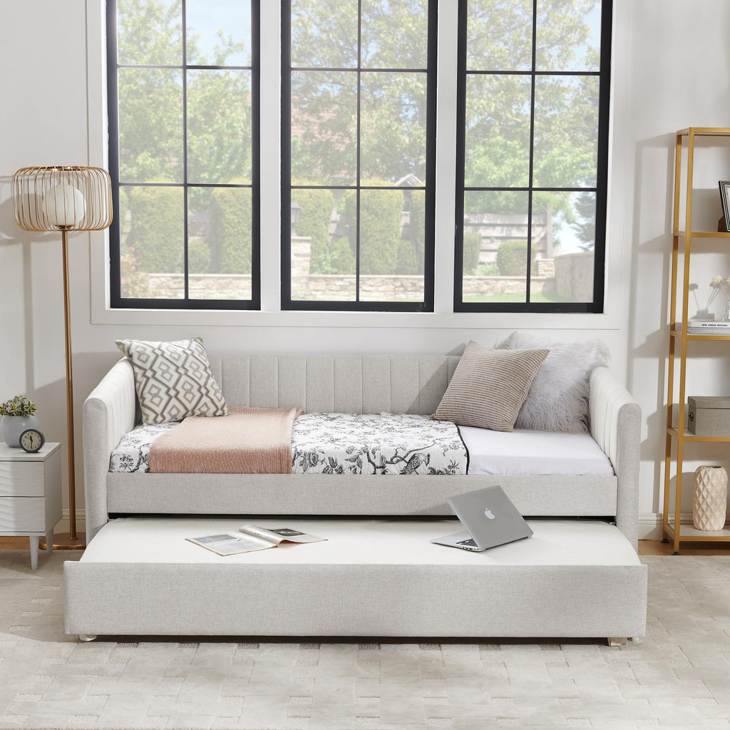 Twin Size Upholstery Daybed with Trundle and Vertical Stripes F329751