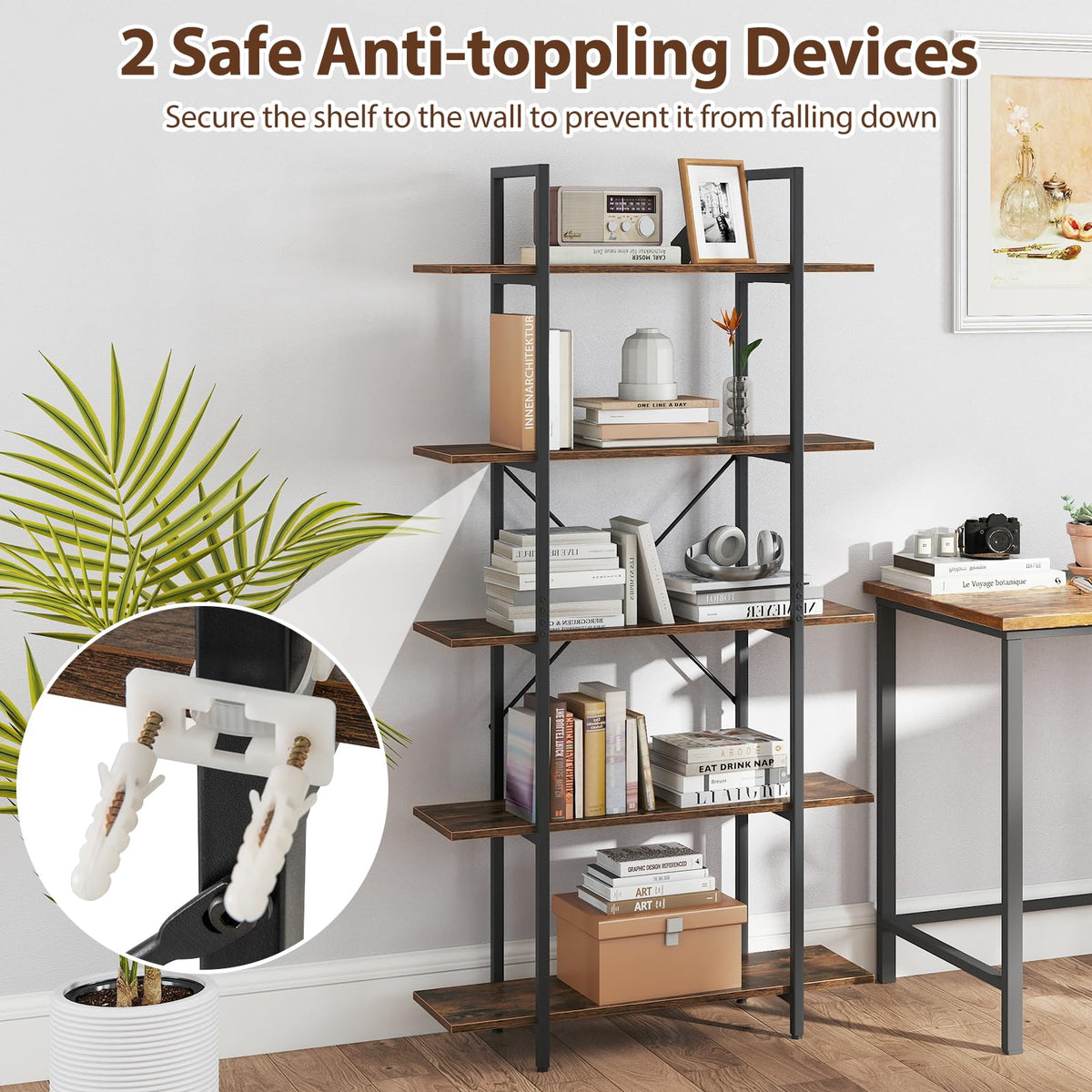 5-Tier Rustic Brown Bookshelf with Metal Frame P9212