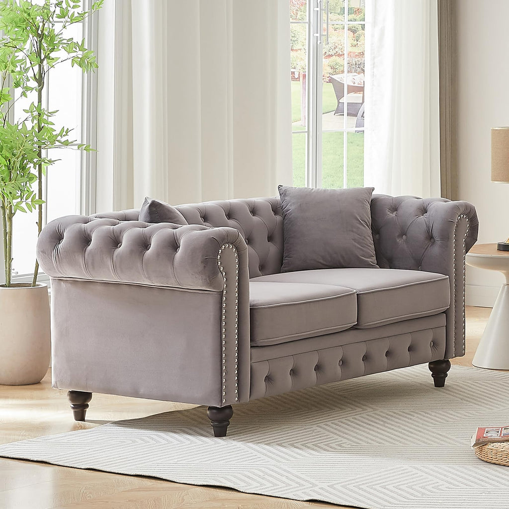 Light Grey Velvet Button Tufted Loveseat Sofa M5354