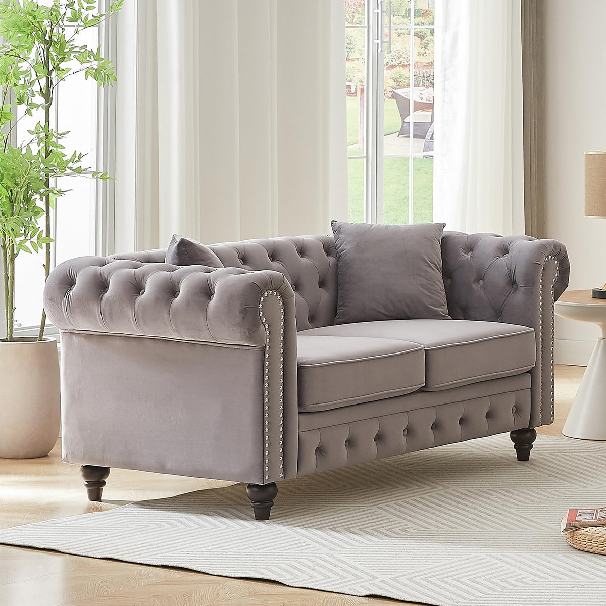 Light Grey Velvet Button Tufted Loveseat Sofa M5354